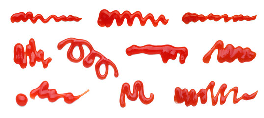 Set of different ketchup smears on white background, top view