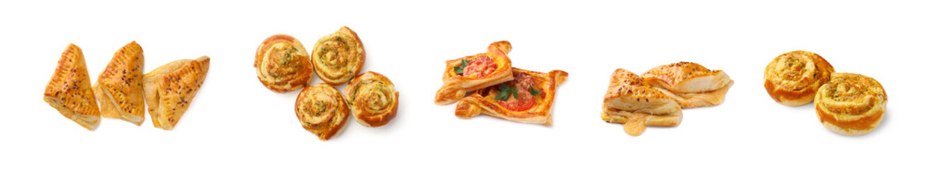 Collage with different puff pastry isolated on white