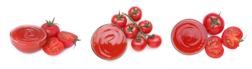 Set of tasty ketchup in bowls and fresh tomatoes on white background, different views