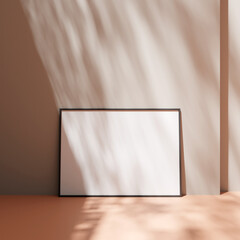 Poster photo frame mockup leanings against the pastel wall on the floor with leaves shadow