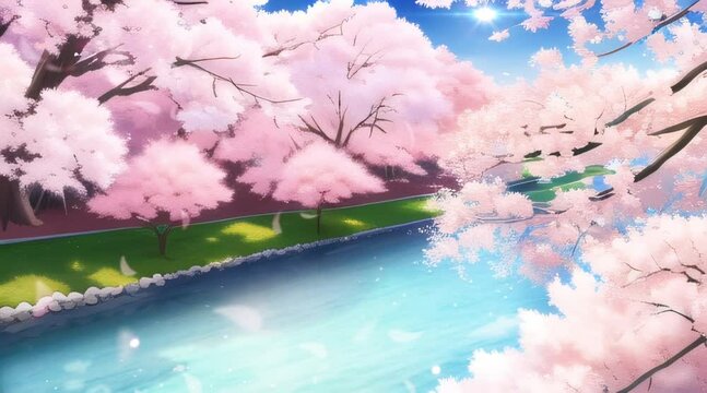Beautiful spring summer landscape river with cherry blossoms tree background. Flowing river and cherry blossoms rain. 4k seamless looping animation illustration background. Japanese anime style