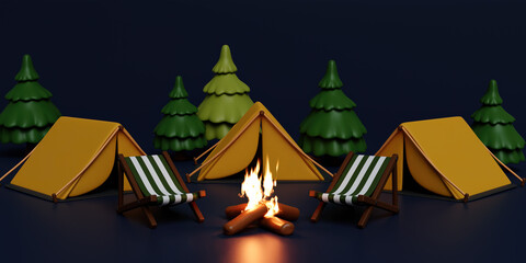 3d Night and dark Campsite in nature and elements for camping, summer camp, camp fire, trip, hiking. Concept. 3d rendering illustration.