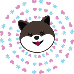 cute dog on heart graphic background and flower on transparent background