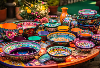 Fototapeta premium various ceramic dishes sitting on purple table