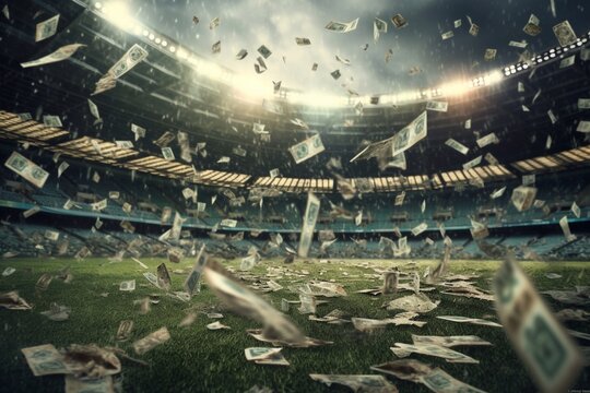 Illuminated soccer stadium and falling banknotes of bettors Generative AI