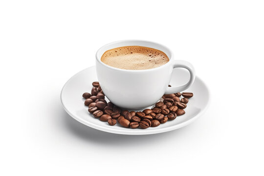 coffee cup and beans on white background,  Generative AI