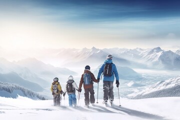 Family ski vacation. Group of young skiers in the Alps mountains. Mother and children skiing in winter. Parents teach kids alpine downhill skiing. Ski gear and eye wear, safe helmets. Generative AI - obrazy, fototapety, plakaty