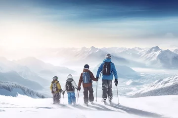 Zelfklevend Fotobehang Family ski vacation. Group of young skiers in the Alps mountains. Mother and children skiing in winter. Parents teach kids alpine downhill skiing. Ski gear and eye wear, safe helmets. Generative AI © Nataliia