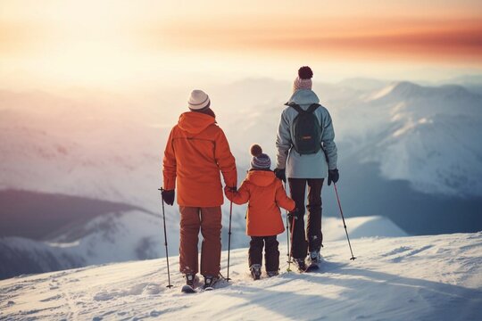 Family Ski Vacation. Group Of Young Skiers In The Alps Mountains. Mother And Children Skiing In Winter. Parents Teach Kids Alpine Downhill Skiing. Ski Gear And Eye Wear, Safe Helmets. Generative AI