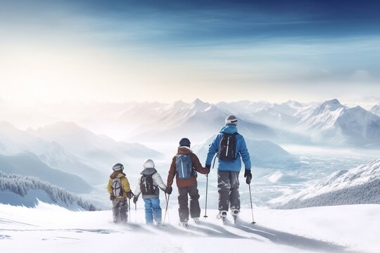 Family ski vacation. Group of young skiers in the Alps mountains. Mother and children skiing in winter. Parents teach kids alpine downhill skiing. Ski gear and eye wear, safe helmets. Generative AI