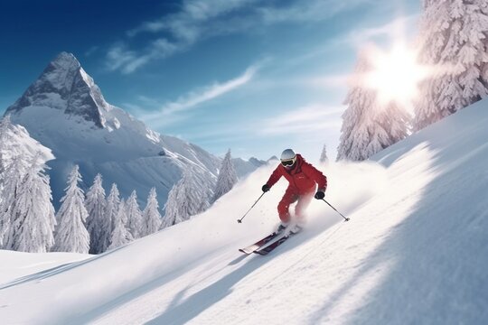 Winter time. Skier and mountains landscape Generative AI