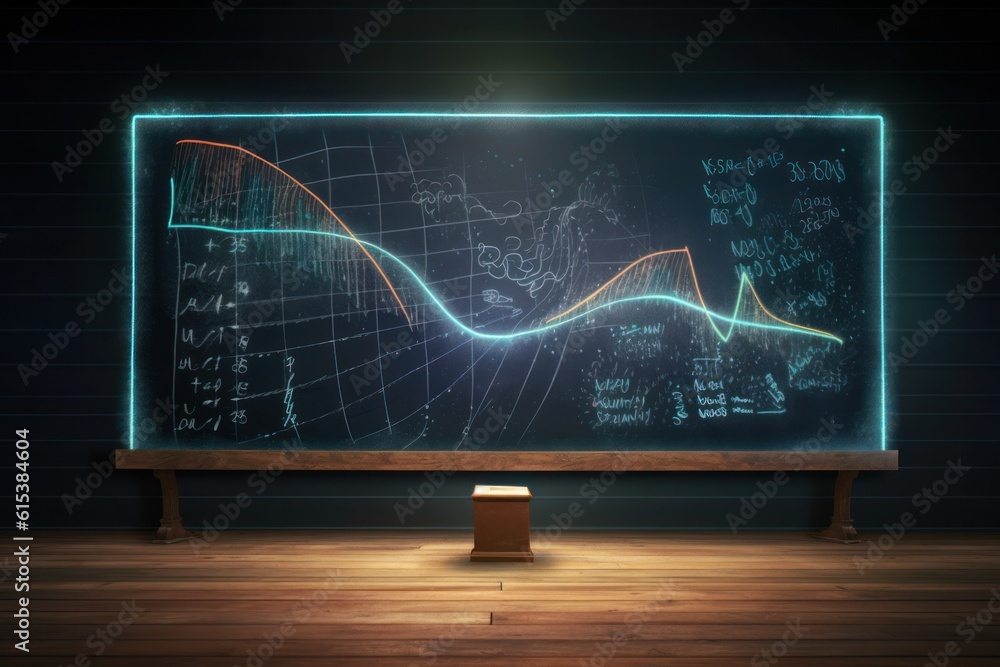 Poster futuristic holographic projection black old empty chalkboard, displaying complex data and diagrams