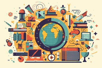 Flat illustration of school globe surrounded by educational icons