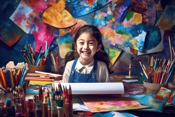 Smiling girl surrounded by colorful educational materials while participating in an art class. Back to school