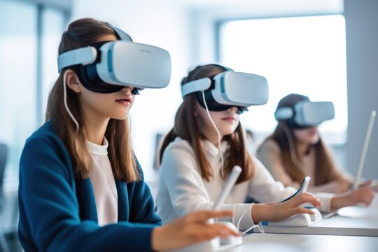 Young students in a computer programming class, wearing augmented reality headsets and interacting with virtual coding interfaces