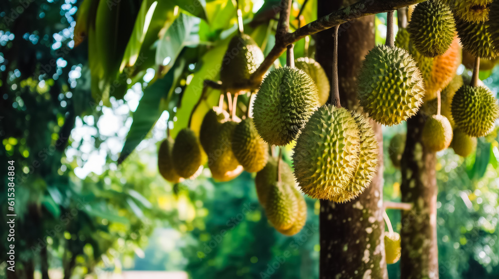 Poster ripe durians growing on trees in orchard, background with space for text, copy space, generative ai