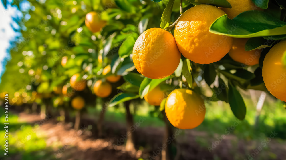 Poster ripe grapefruits growing on trees in orchard, background with space for text, copy space, generative