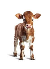 Cute little cow calf realistic character generative AI illustration isolated on white background. Lovely baby animals concept - obrazy, fototapety, plakaty