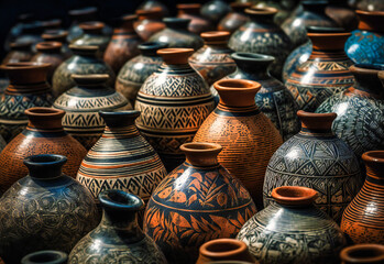Fototapeta na wymiar many ceramic vases are on display