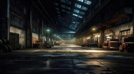 Naklejka na ściany i meble Old factory building with lights at night
