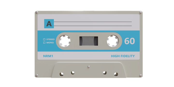 Cassette tape isolated on transparent background, PNG. Retro music sound