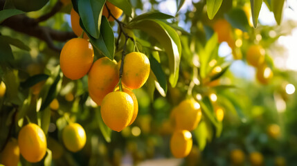 Ripe kumquats growing on trees in orchard, background with space for text, copy space, generative AI

