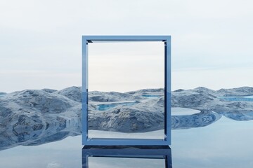 3d Render, Scifi Landscape Futuristic post apocalyptic scenario with abstract alien landscape. Glass object.