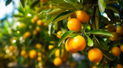 Ripe kumquats growing on trees in orchard, background with space for text, copy space, generative AI

