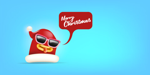 Vector cartoon monster Santa Claus red hat character with sunglasses and speech bubble isolated on blue Christmas background. Merry Christmas greeting card, poster and banner with Santa Claus hat