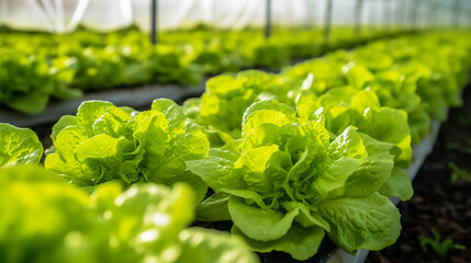 Lettuce growing in greenhouse, background with space for text, copy space, generative AI

 - obrazy, fototapety, plakaty