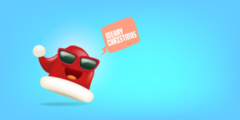Vector cartoon monster Santa Claus red hat character with sunglasses and speech bubble isolated on blue Christmas background. Merry Christmas greeting card, poster and banner with Santa Claus hat