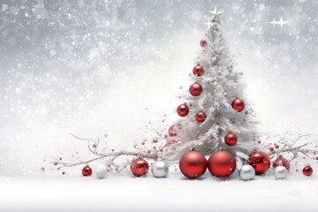 a christmas tree with white snow and decorations, with red and silver balls. Merry Christmas and Happy Holidays greeting card, frame, banner. New Year. Winter xmas holiday theme