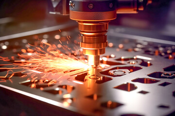 Fiber laser cutting machine cut the sheet metal plate with sparks. Hi-technology manufacturing process by laser cutting machine. Generative AI - obrazy, fototapety, plakaty