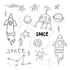 Doodle space illustration in child painting style. Set of cosmos vector element rocket, astronaut, stars, asteroids, ufo. Sketch icons of various astronomy objects. Design clipart. Black line print