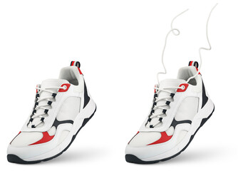 White sneaker with flying laces stands on the tip isolated on transparent background