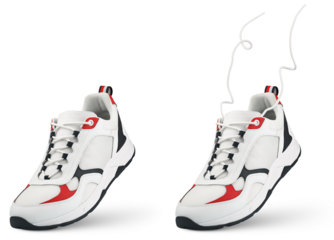 White sneaker with flying laces stands on the tip isolated on transparent background