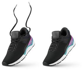 Black sneaker with flying laces stands on the tip isolated on transparent background. Running sports shoe. Full Depth of Field