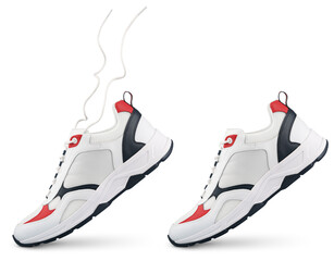 White sneaker with flying laces stands on the tip isolated on transparent background