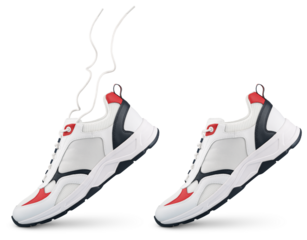 White sneaker with flying laces stands on the tip isolated on transparent background