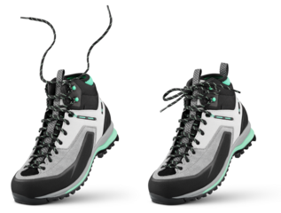 New sports hiking boot with flying laces stands on the tip isolated on transparent background