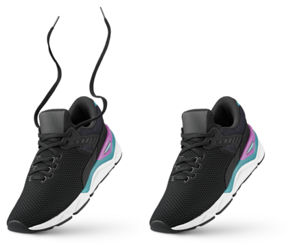 Black sneaker with flying laces stands on the tip isolated on transparent background. Running sports shoe. Full Depth of Field