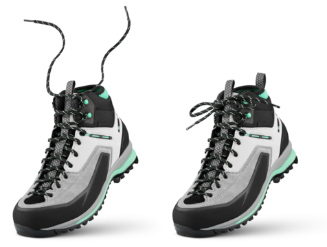 New sports hiking boot with flying laces stands on the tip isolated on transparent background - Powered by Adobe
