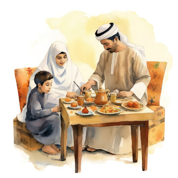 Muslim family, watercolor, PNG background