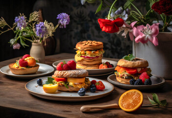 Fototapeta na wymiar breakfast sandwiches and fruit on plates