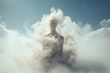 Generative ai photo thinking mind intelligence concept faceless body contemplating in sky cloud fog filter effect