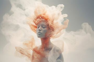 Generative ai made art woman girl body chest surrounded fog smoke everywhere imagination flight consciousness world
