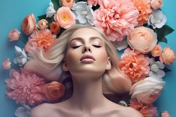 Photo sur Plexiglas Salon de beauté Generative ai made art woman body flat lay in floral composition demonstrating perfect ideal pure silky face cosmetology concept