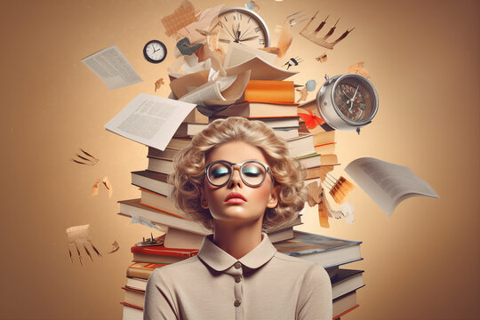 Generative AI illustration design knowledge and science power concept woman teacher in front of books materials graphic collage