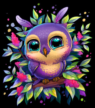 ilac owl sits on a branch with leaves, on a black background