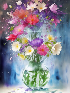 Glass vase with flowers. AI generated illustration
